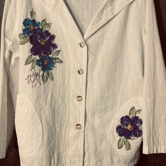 Womens Cottonseed Flower Sweater, Button Up Shirt, Warm, Pockets, Watercolor - Picture 6 of 7